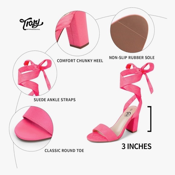 NEW TRARY PINK CHUNKY HEELS STRAPPY OPEN TOE COMFORTABLE TIE UP HEELS SIZE 7 - Picture 10 of 11